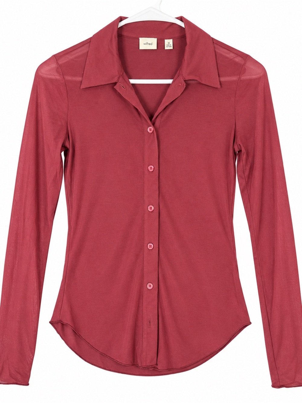 Aritzia Wilfred Burgundy Sheer Mesh Button-Up Shirt Size XS Long Sleeve